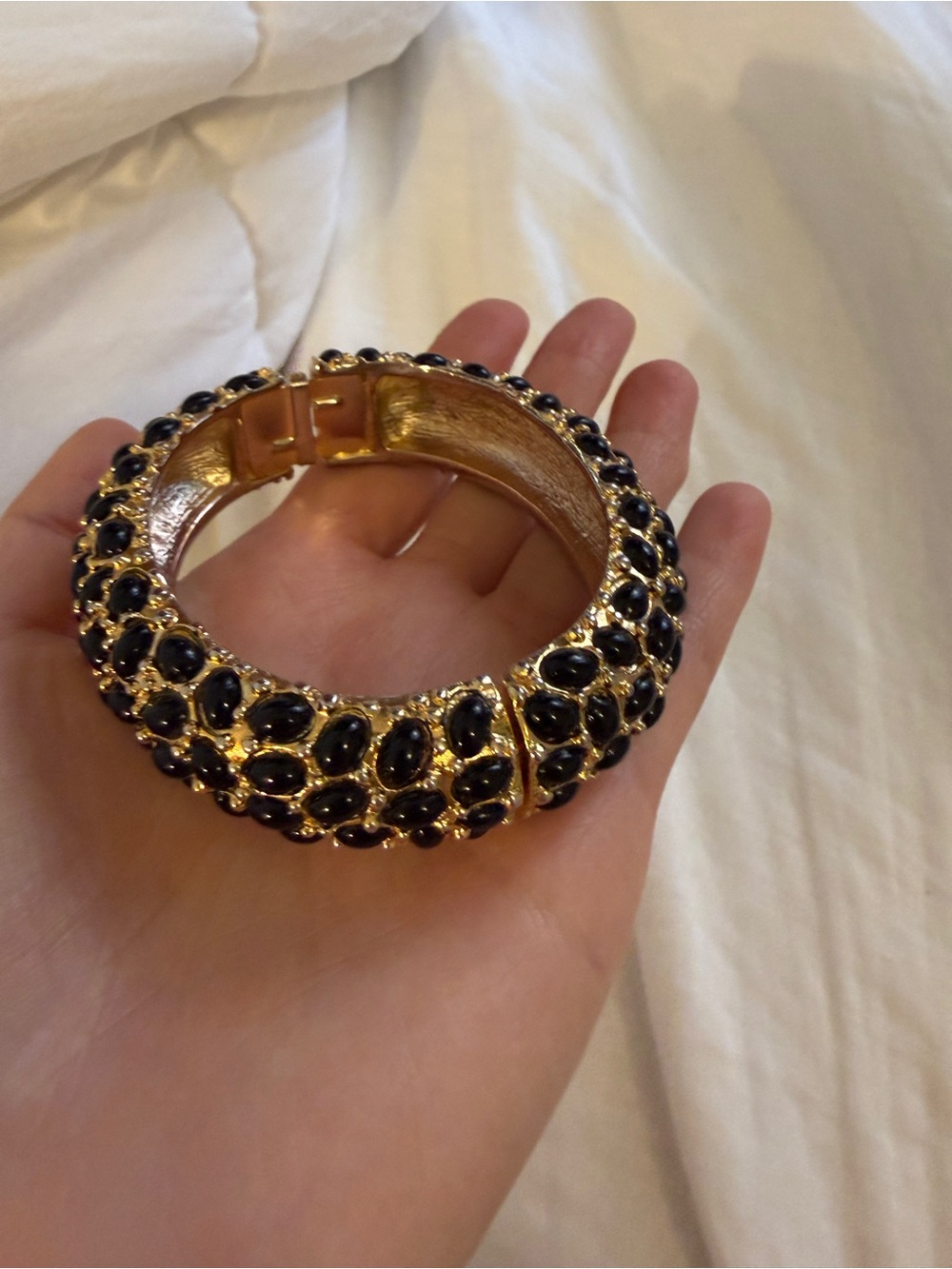 Vintage Kenneth Jay Lane Black Faux Onyx Cabochon Hinged Bangle Bracelet